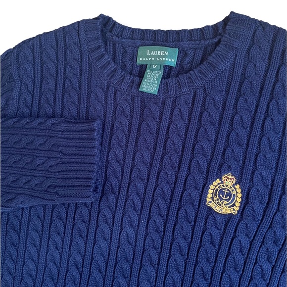 Lauren Ralph Lauren Sweater Womens 1X Blue Cable Knit Crest Crewneck Pullover - Picture 1 of 7